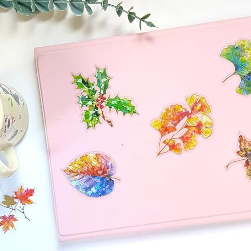 Sparkly Plant Leaf Stickers - 30 Pcs Clear PET Glitter Holographic Botanical Leaves Stickers for Scrapbook, Journal, Junk Journal, Collage - Transparent for Resin, Craft & Scrapbook Supplies - Image 4